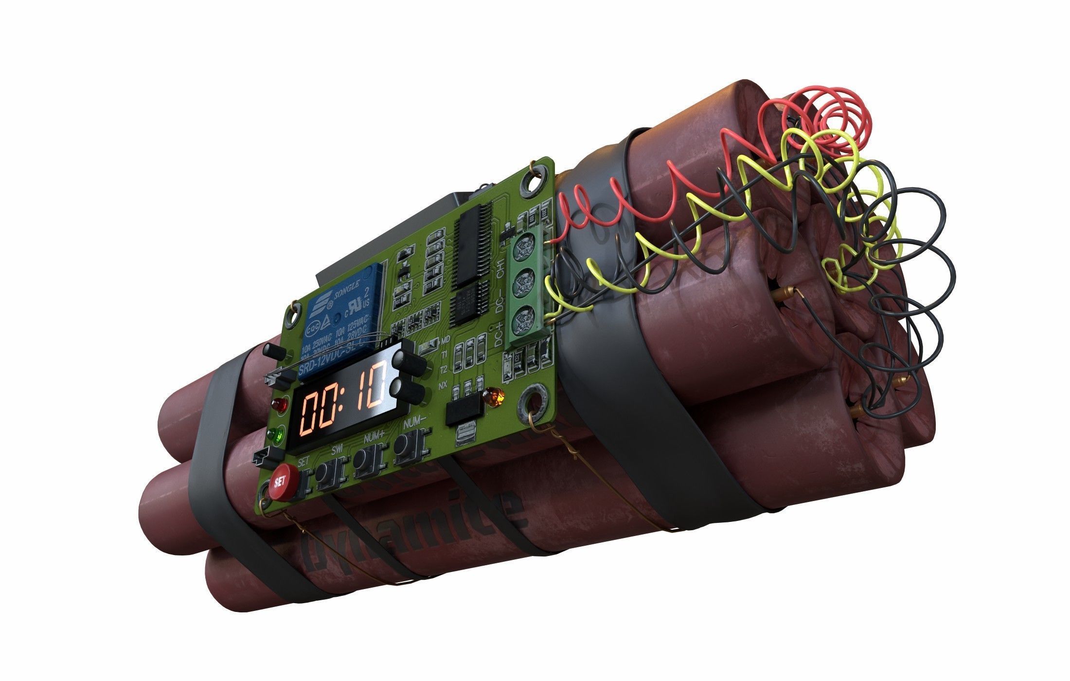 dynamite electronic bomb with wires and clock 3D model_7