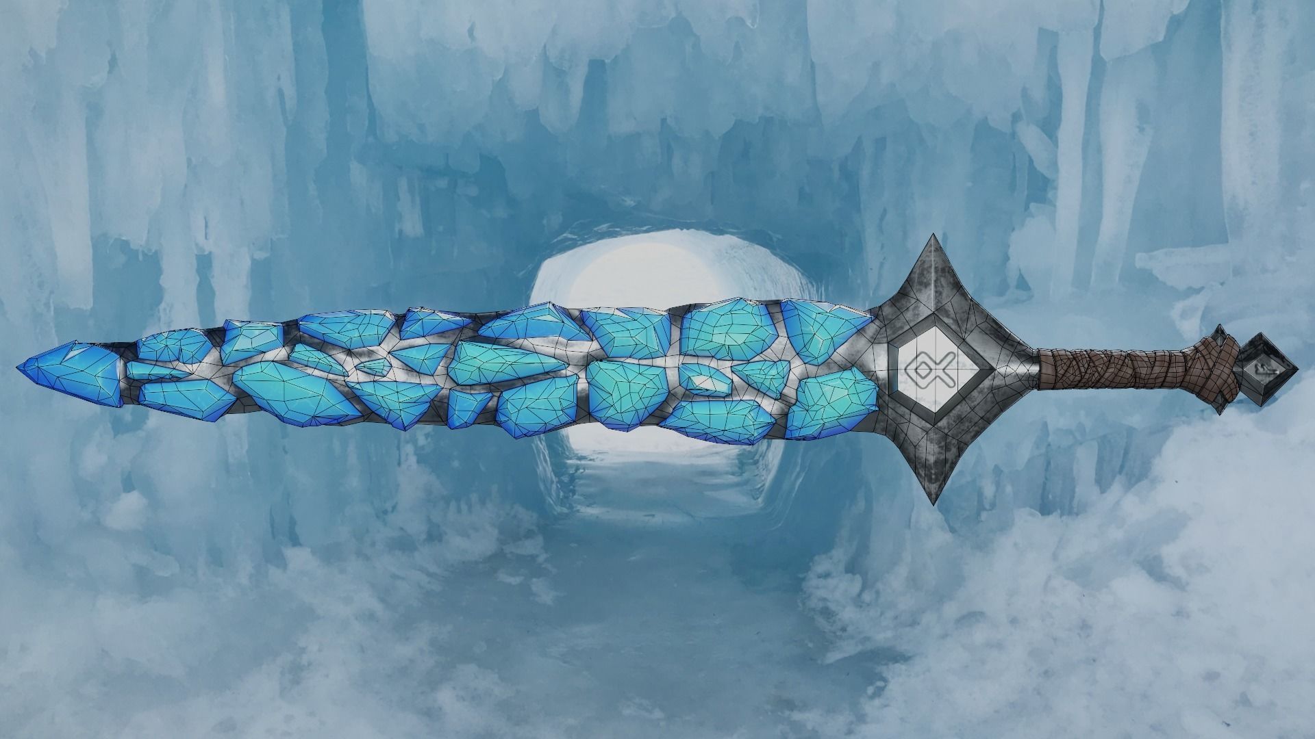 Stylized Sword Ice and Gold Crystals Melee Weapon Game Ready Low-poly 3D model_16