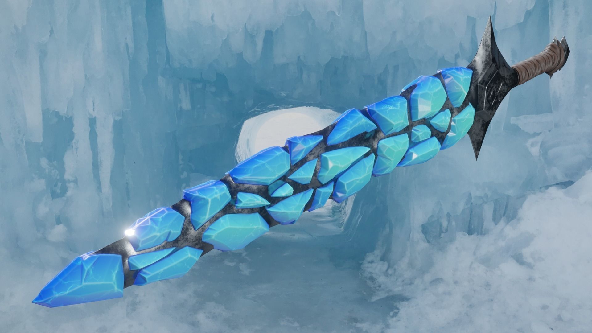 Stylized Sword Ice and Gold Crystals Melee Weapon Game Ready Low-poly 3D model_8