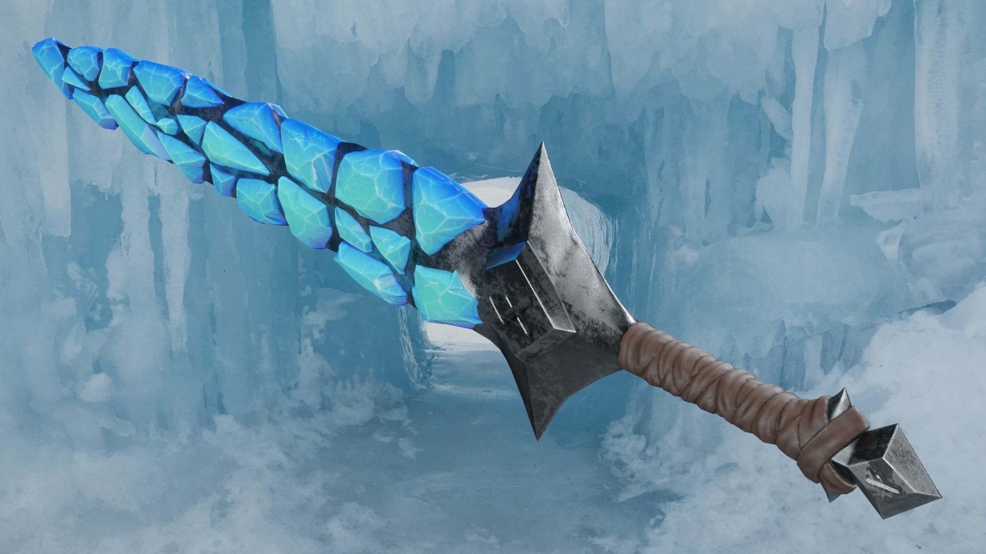Stylized Sword Ice and Gold Crystals Melee Weapon Game Ready Low-poly 3D model_1