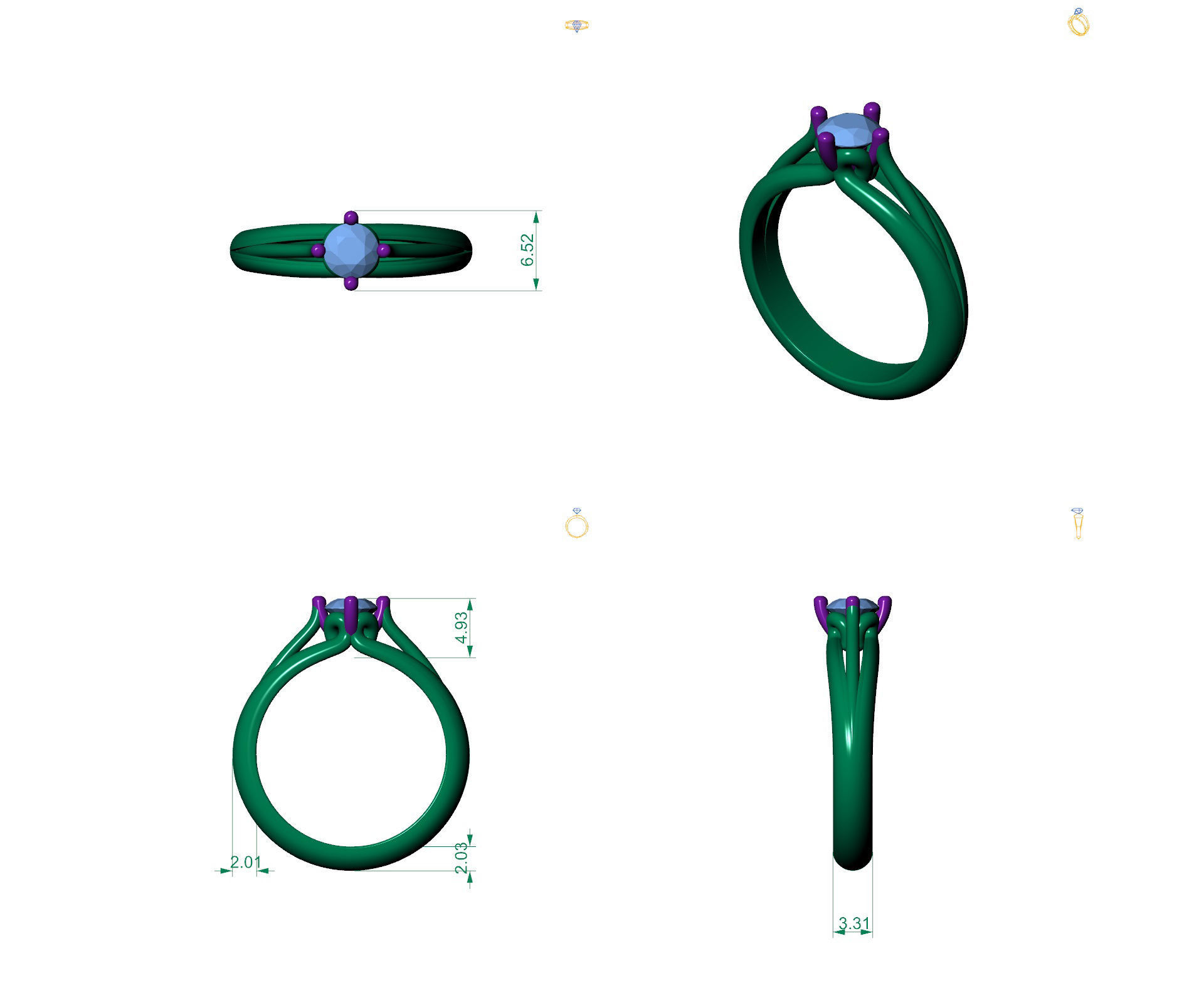 D-2153 solitaire diamond engagement ring gold 3D print model_5