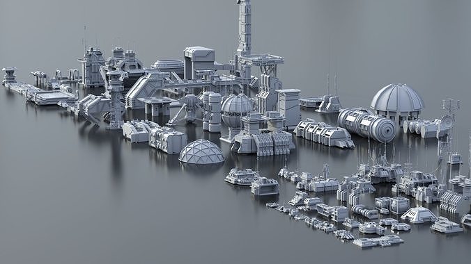 Scifi building dressing KITBASH pack Low-poly 3D model 2