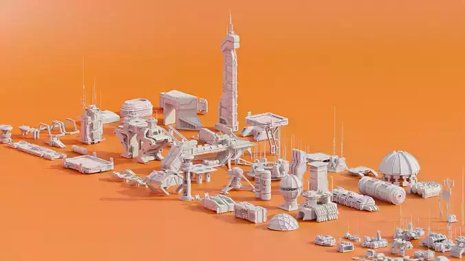 Scifi building dressing KITBASH pack Low-poly 3D model