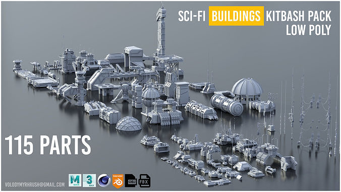 Scifi building dressing KITBASH pack Low-poly 3D model 7