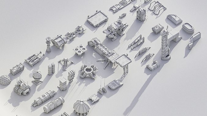 Scifi building dressing KITBASH pack Low-poly 3D model 5