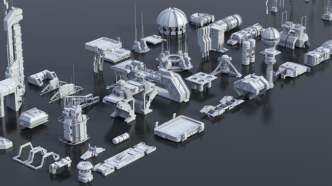 Scifi building dressing KITBASH pack Low-poly 3D model 3