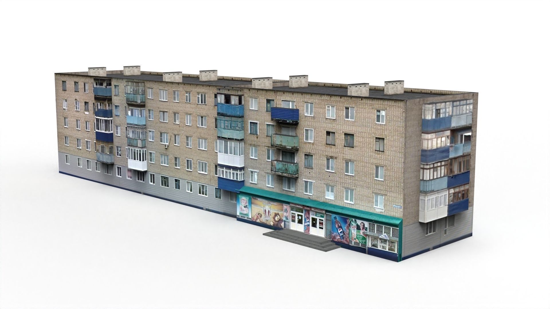 Five-storey residential building Low-poly 3D model_0