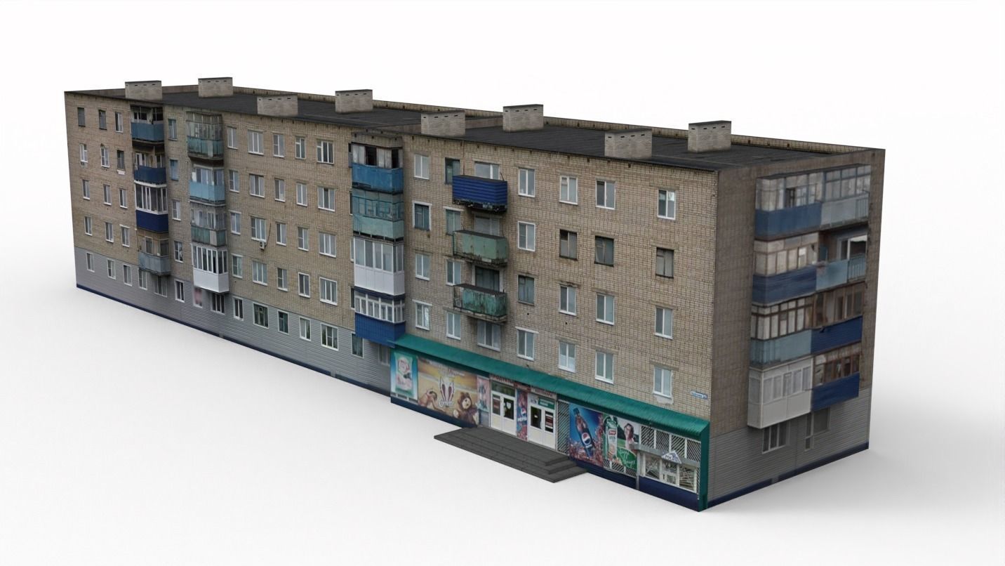 Five-storey residential building Low-poly 3D model_3
