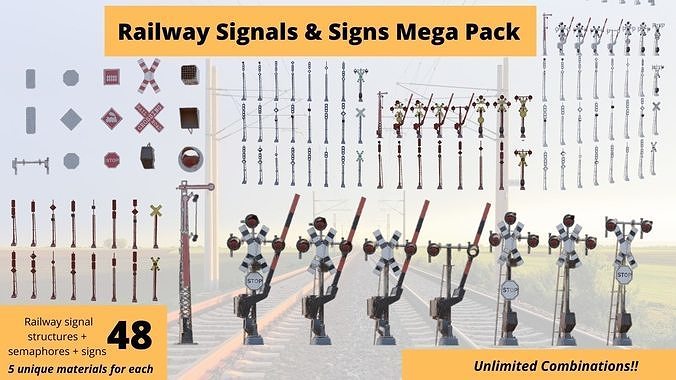 48 Pcs Railway Signals and Signs Mega Pack Low Poly VR Ready Low-poly 3D model