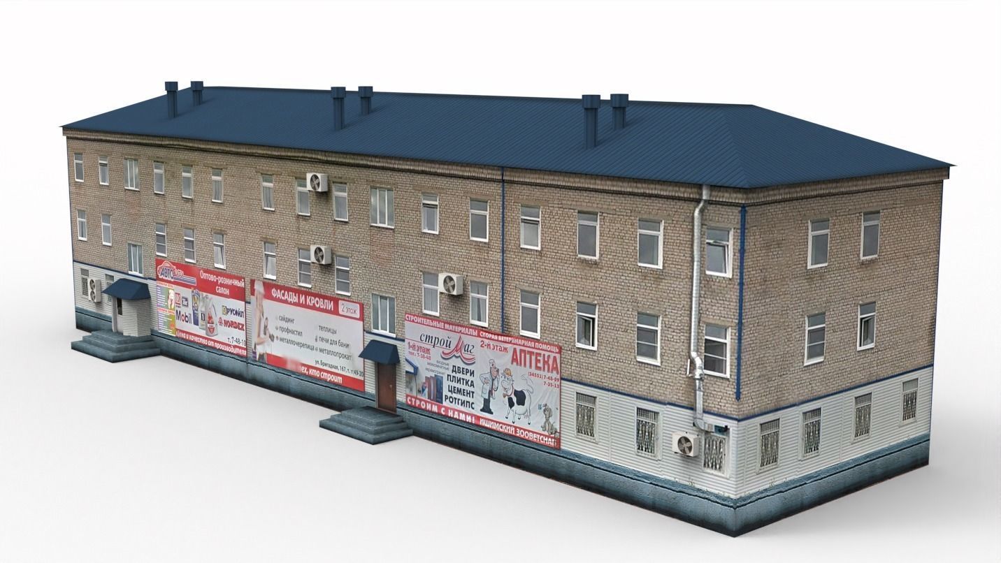 Three-storey building Low-poly 3D model_0