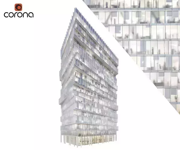 Modern office building 05 at night with interiors 3D model