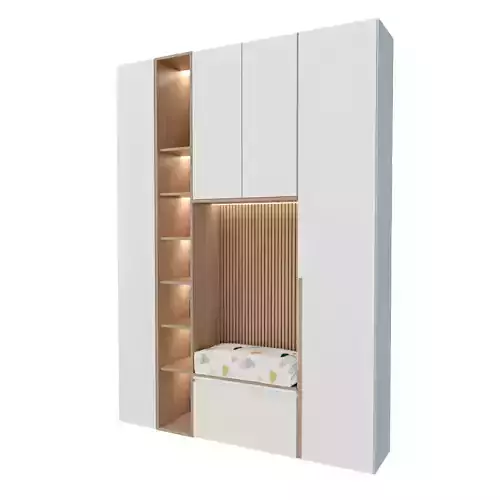 Storage wardrobe with shelves and bench