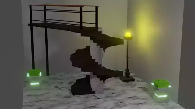 Modern Interior with Stairs- Lamps- Planters