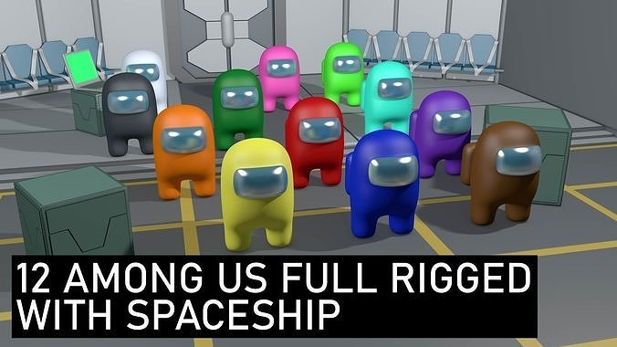 12 Among Us Full Rigged with Spaceship Low-poly 3D model