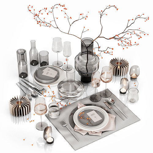 Table setting with rowan 2 Low-poly 3D model