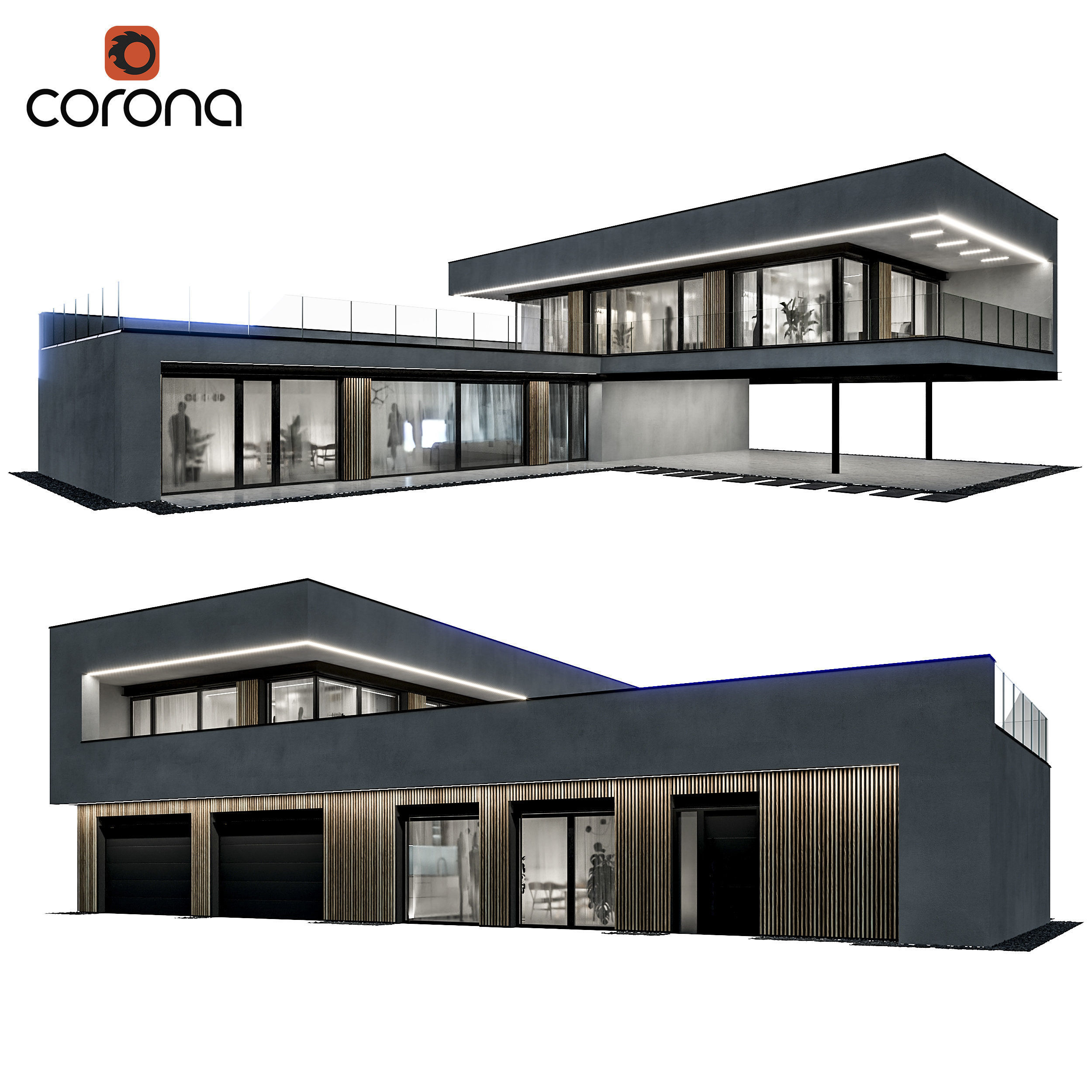 Modern house 09 at night 3D model_1