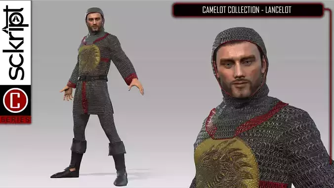Lancelot man dressed in armor and holding sword 3D model