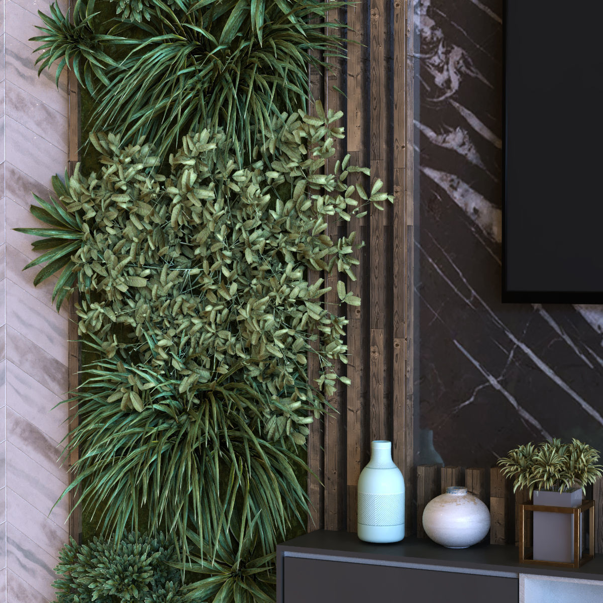 tv wall set 011 green wall Low-poly 3D model_3