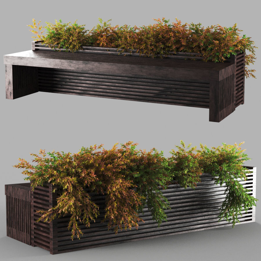 bench1242 wooden planter with plants in it 3D model_3