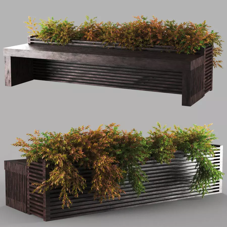bench1242 wooden planter with plants in it 3D model_0