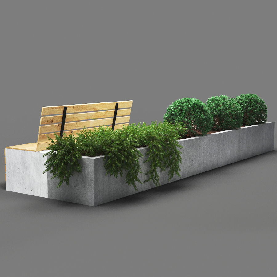 bench202 concrete planter with bench and plants 3D model_2