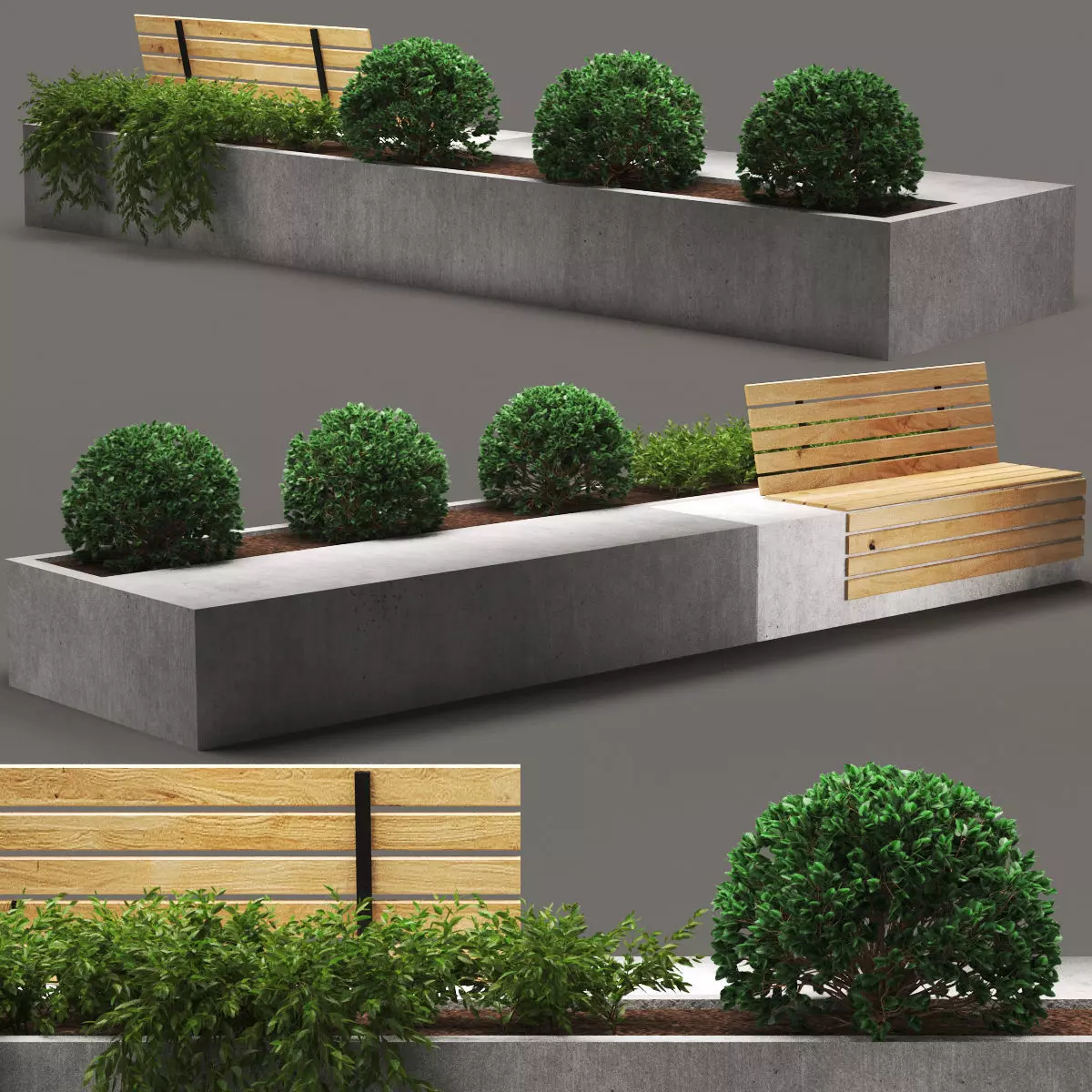 bench202 concrete planter with bench and plants 3D model_0