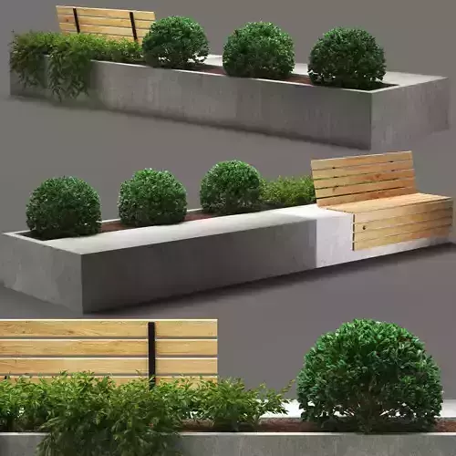 bench202 concrete planter with bench and plants 3D model