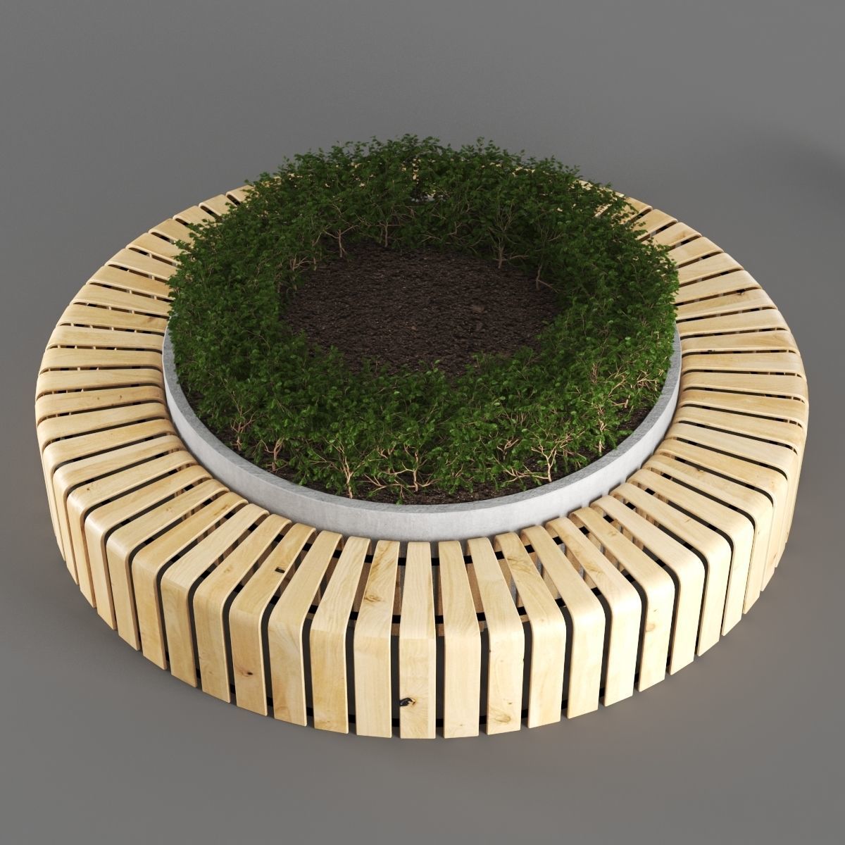 bench807 circular wooden bench with plant in middle 3D model_2