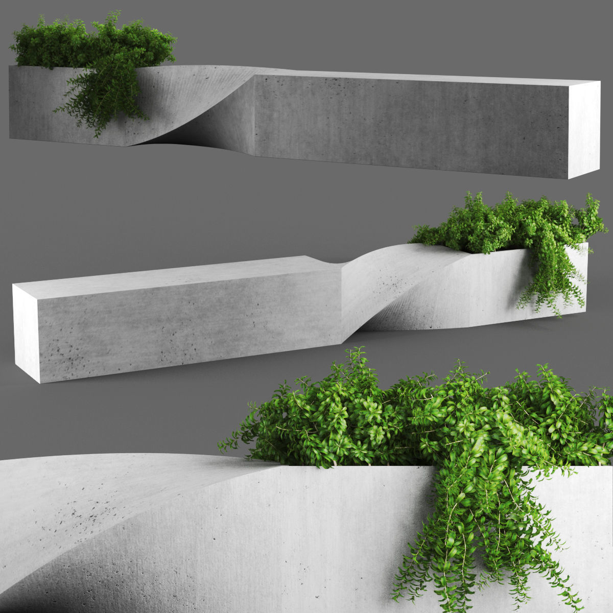bench854 concrete planter with plants in it 3D model_3