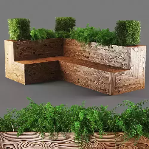 bench926 wooden planter with plants in it