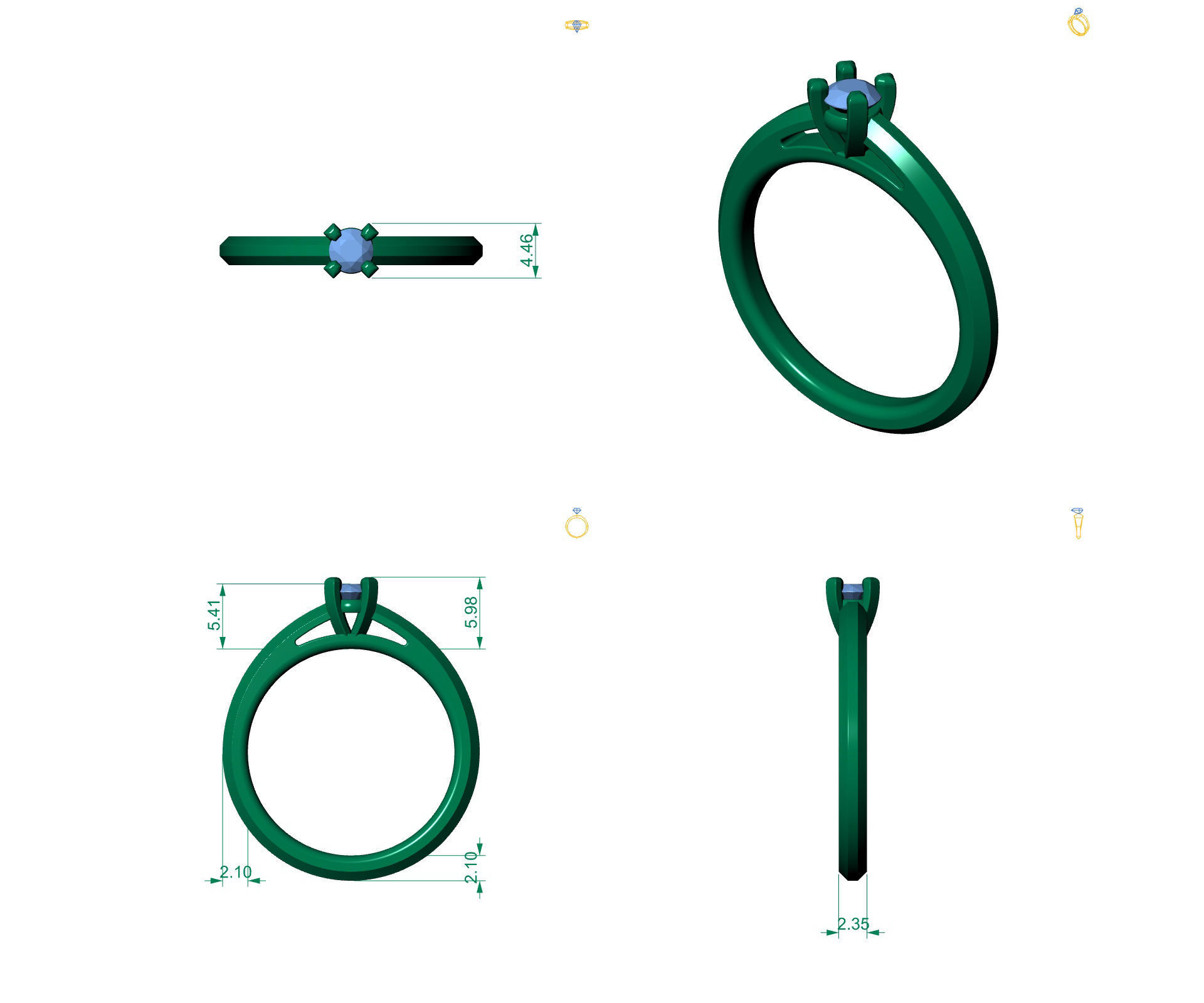 D-1693 diamond engagement ring gold 3D print model_4