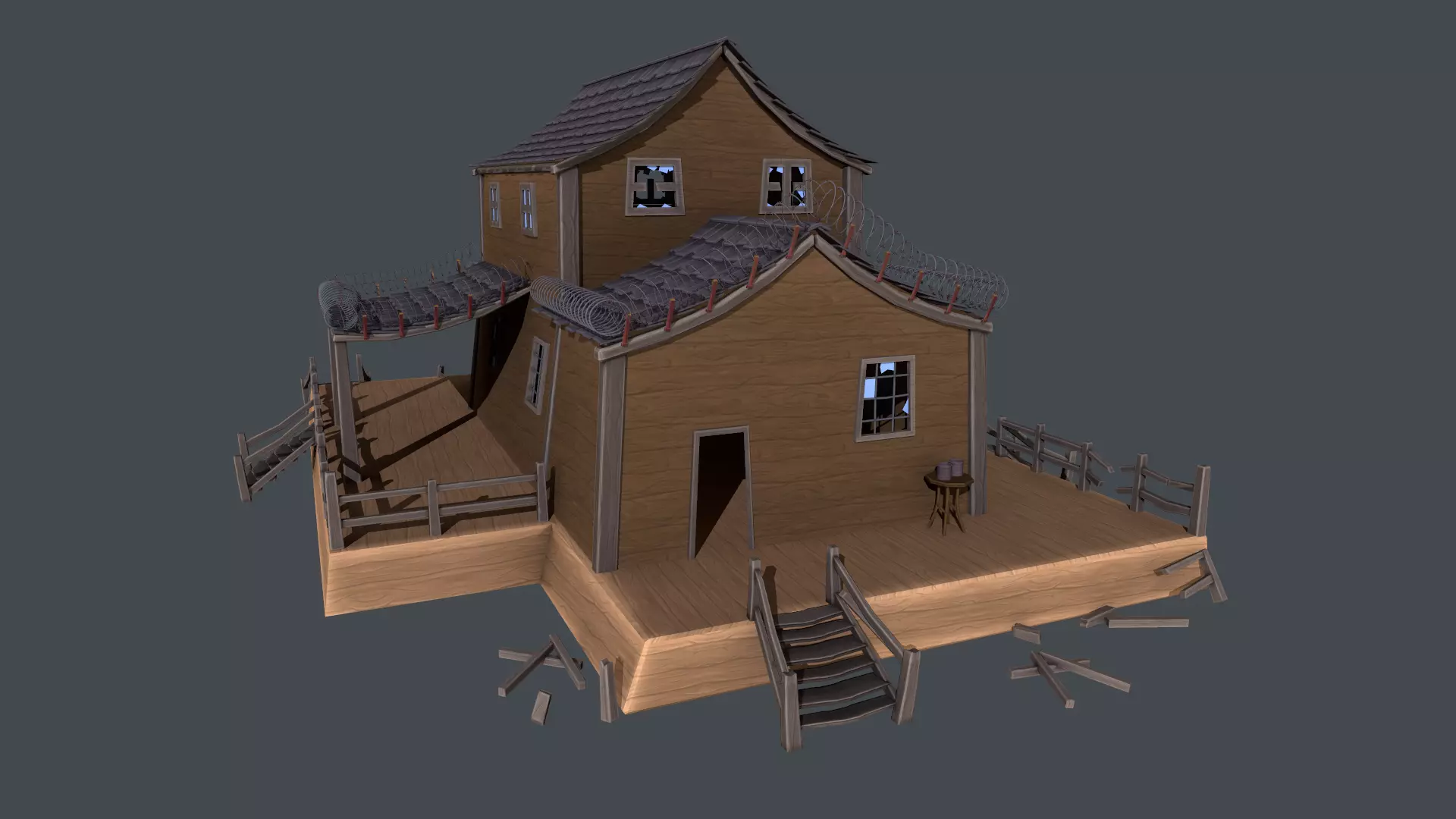 House wooden on platform Low-poly 3D model_0