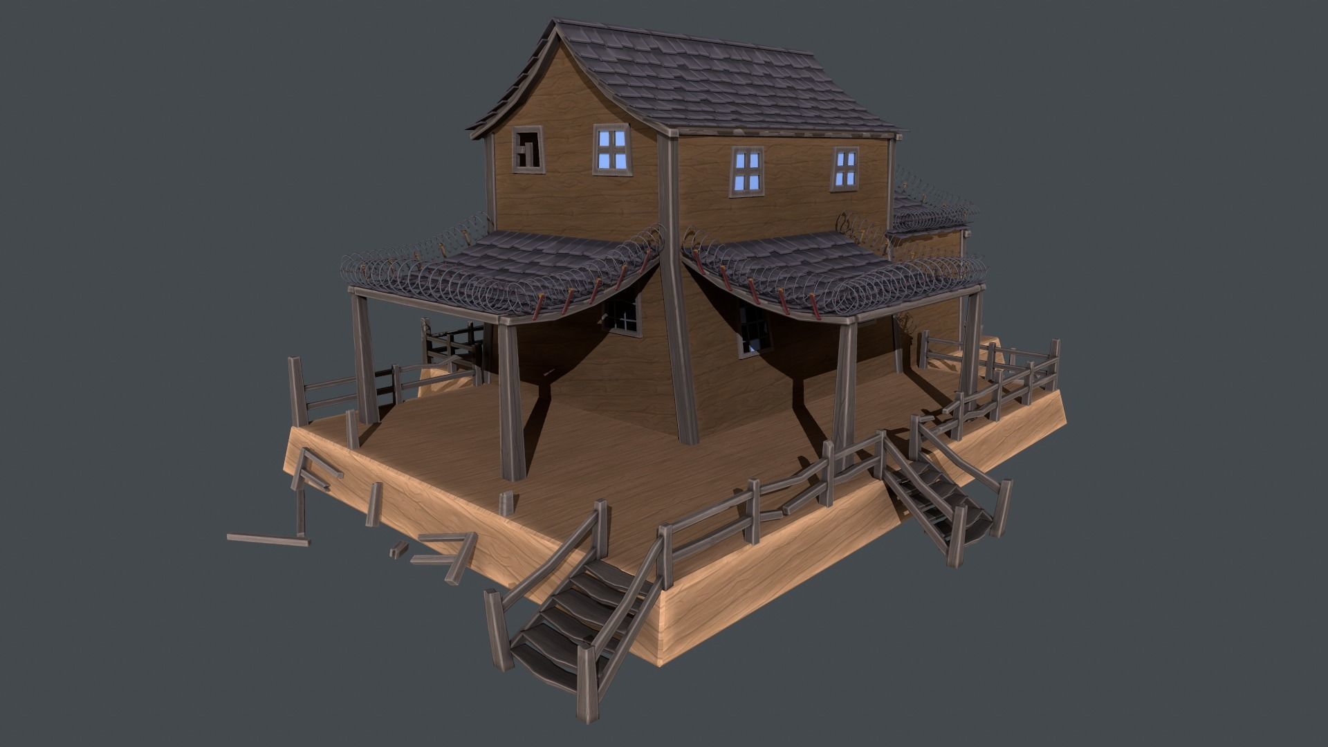 House wooden on platform Low-poly 3D model_1