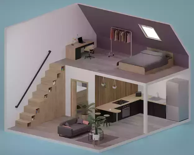 Apartment laptop on wooden table with sticky notes