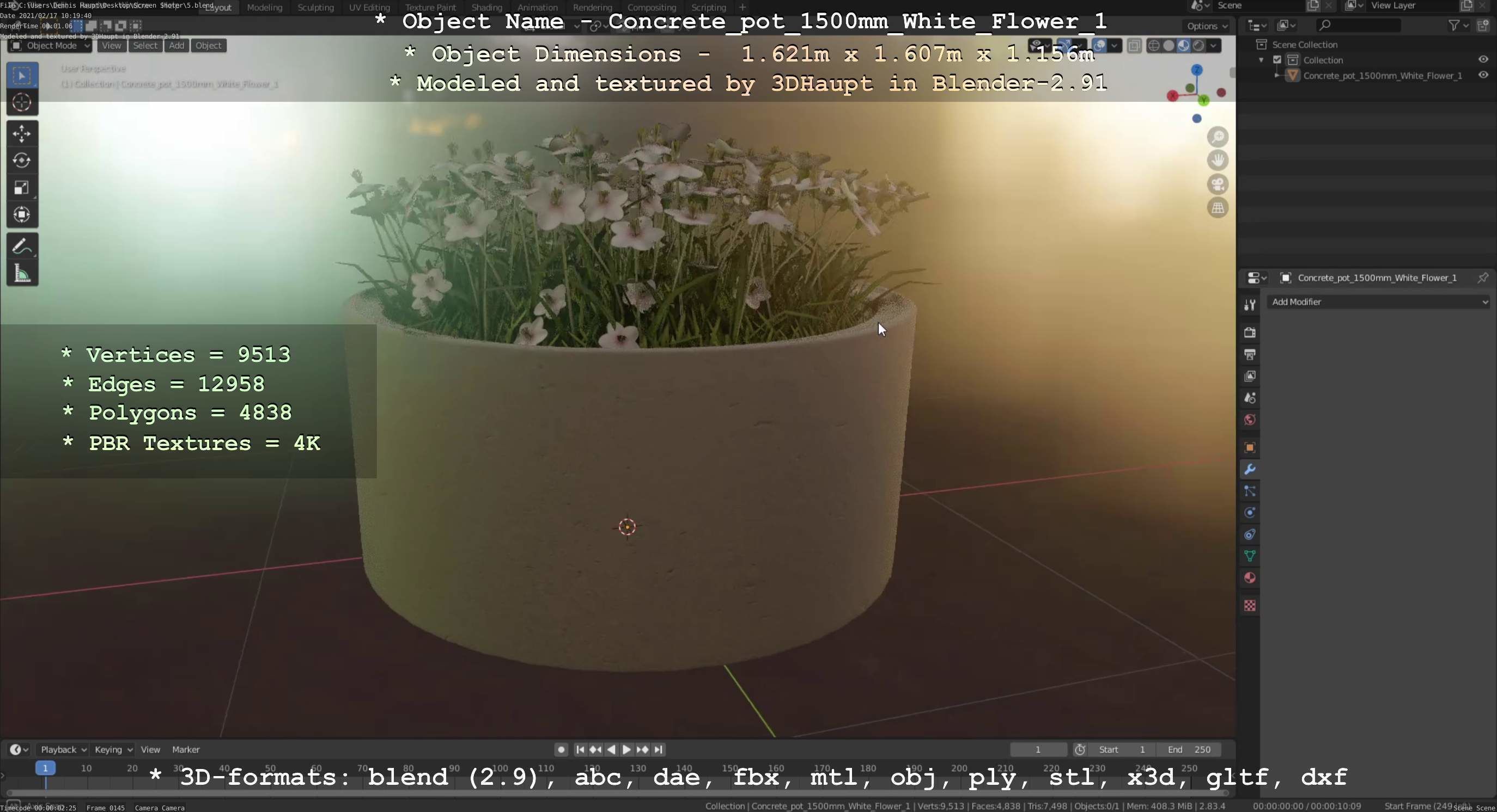 Concrete Pipe Pots With White Flowers 3D Model Collection_104