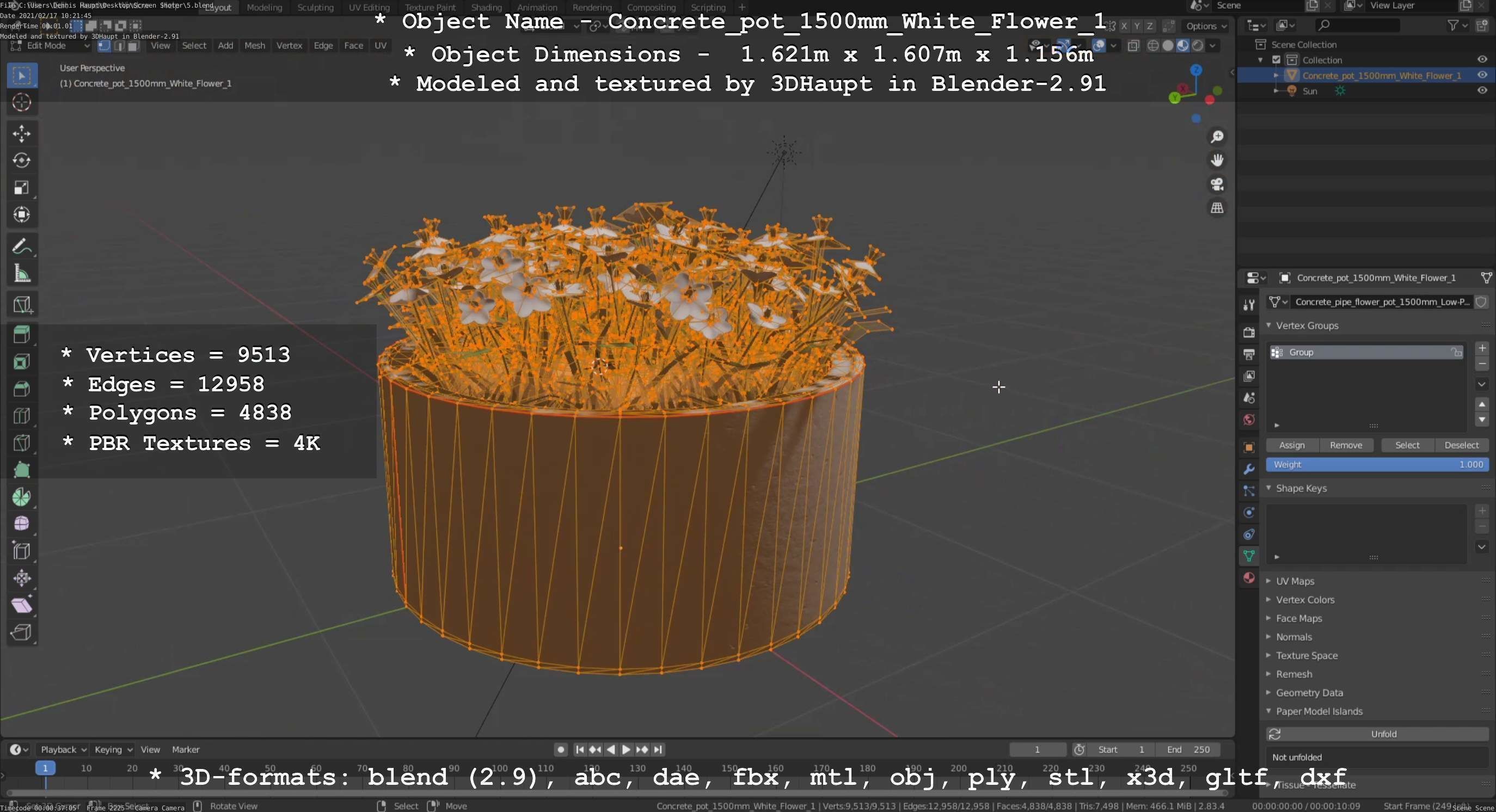 Concrete Pipe Pots With White Flowers 3D Model Collection_107