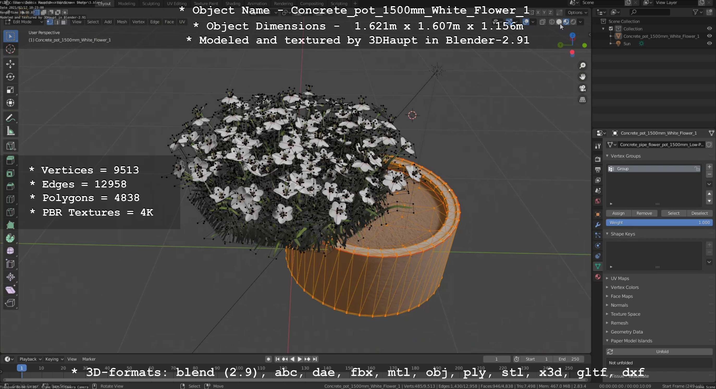 Concrete Pipe Pots With White Flowers 3D Model Collection_108