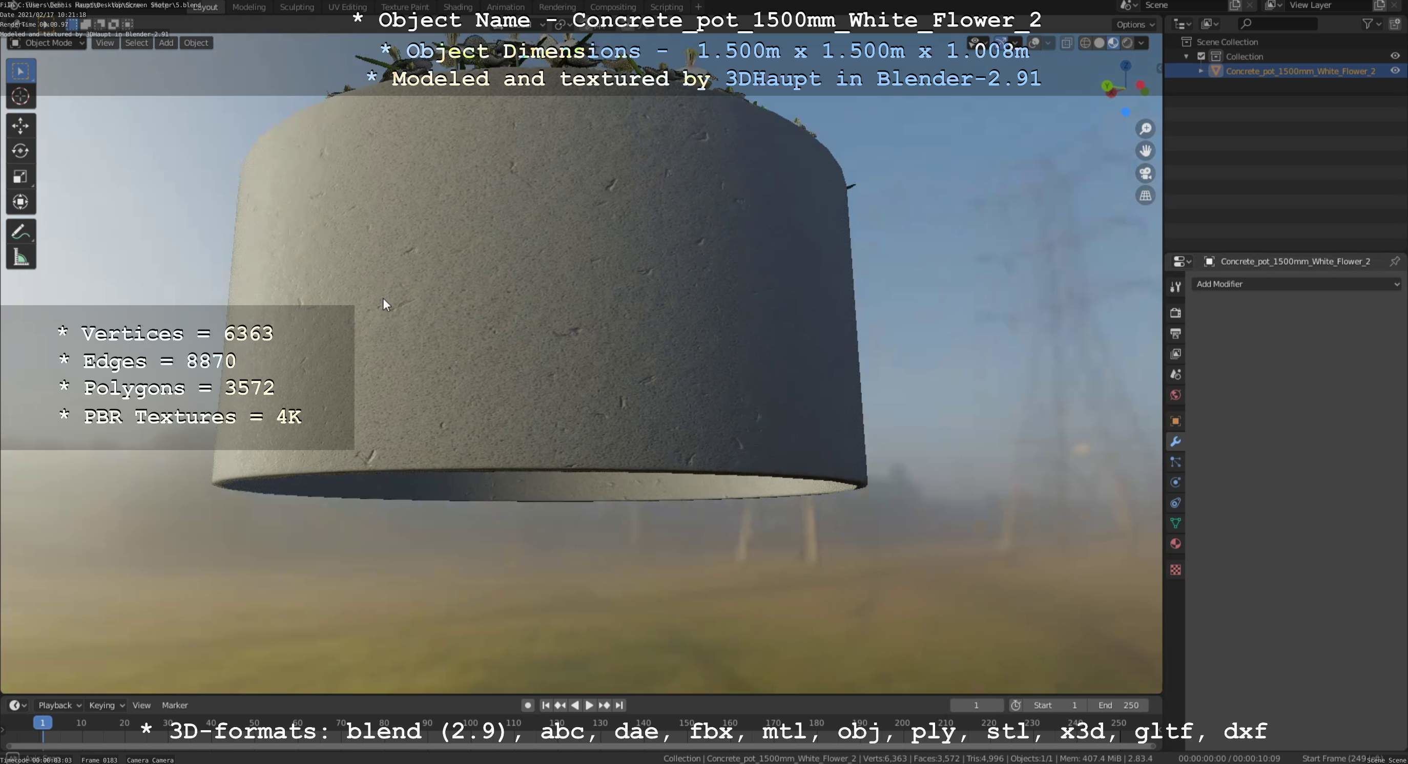 Concrete Pipe Pots With White Flowers 3D Model Collection_119