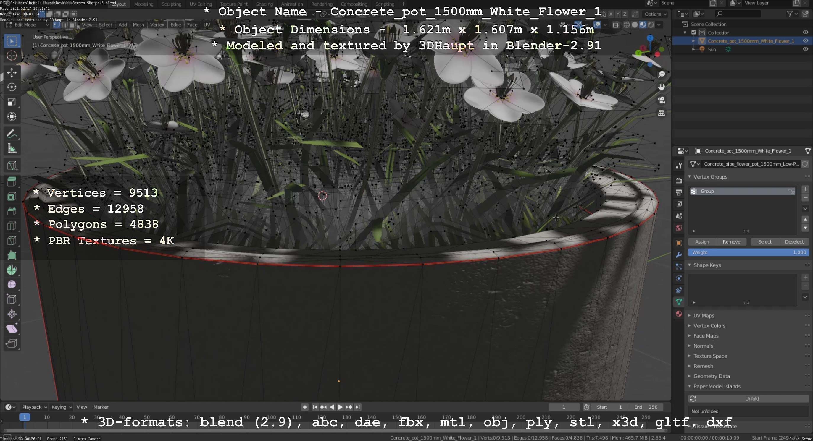 Concrete Pipe Pots With White Flowers 3D Model Collection_112