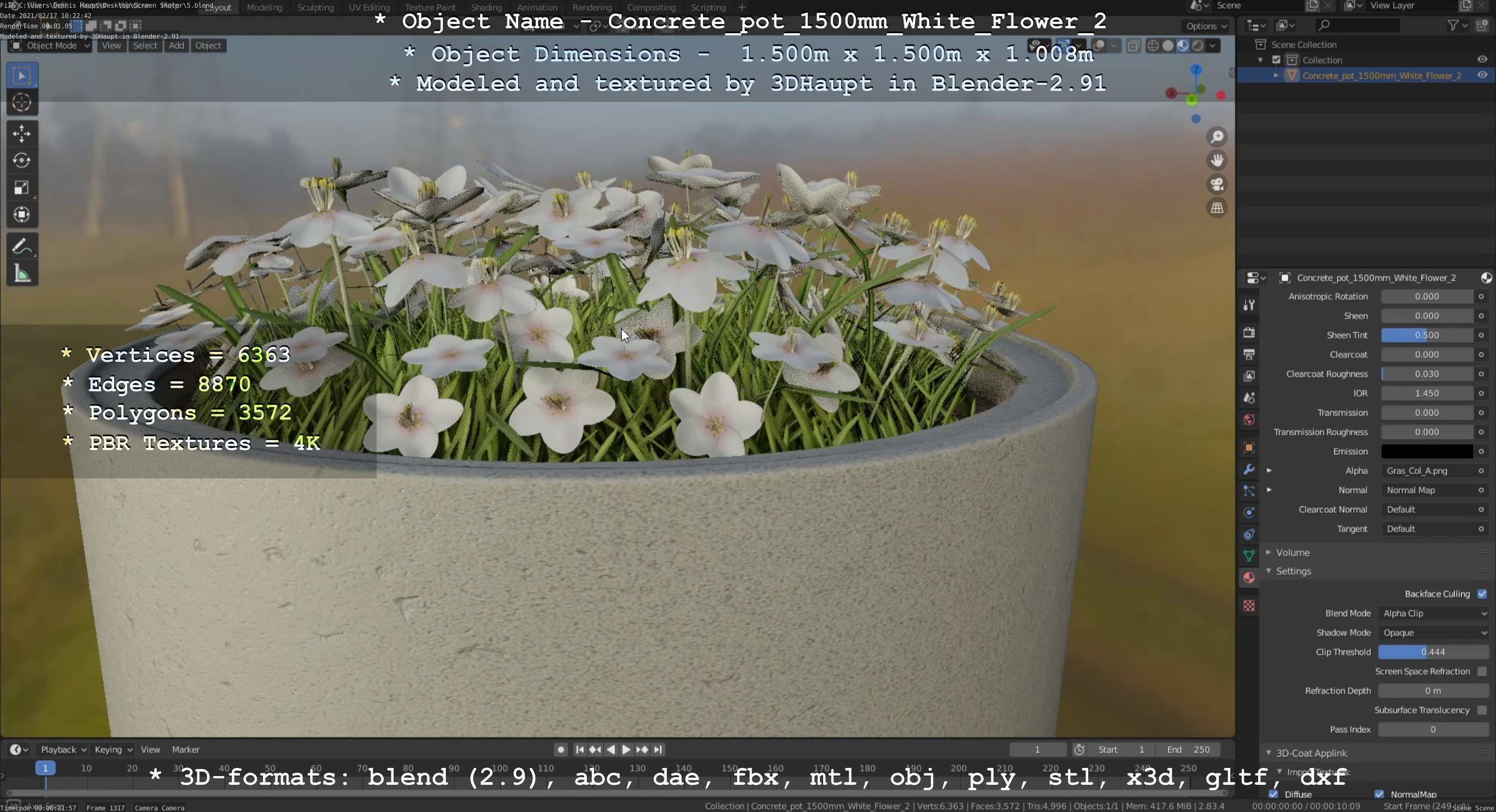 Concrete Pipe Pots With White Flowers 3D Model Collection_124