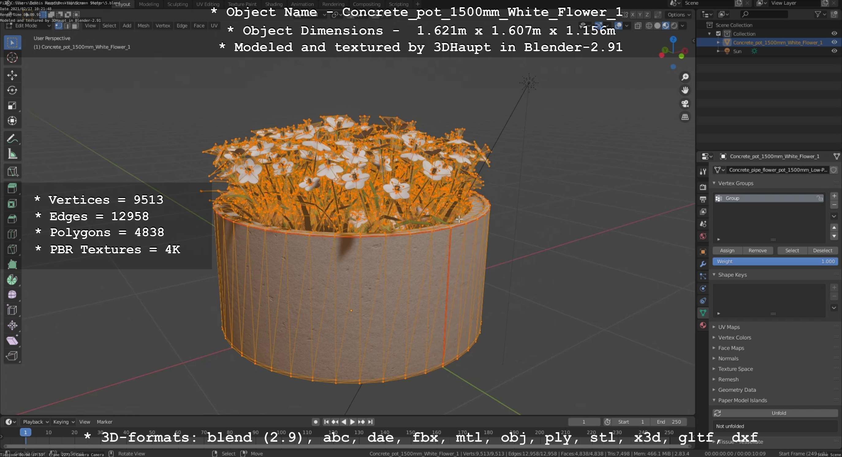 Concrete Pipe Pots With White Flowers 3D Model Collection_111
