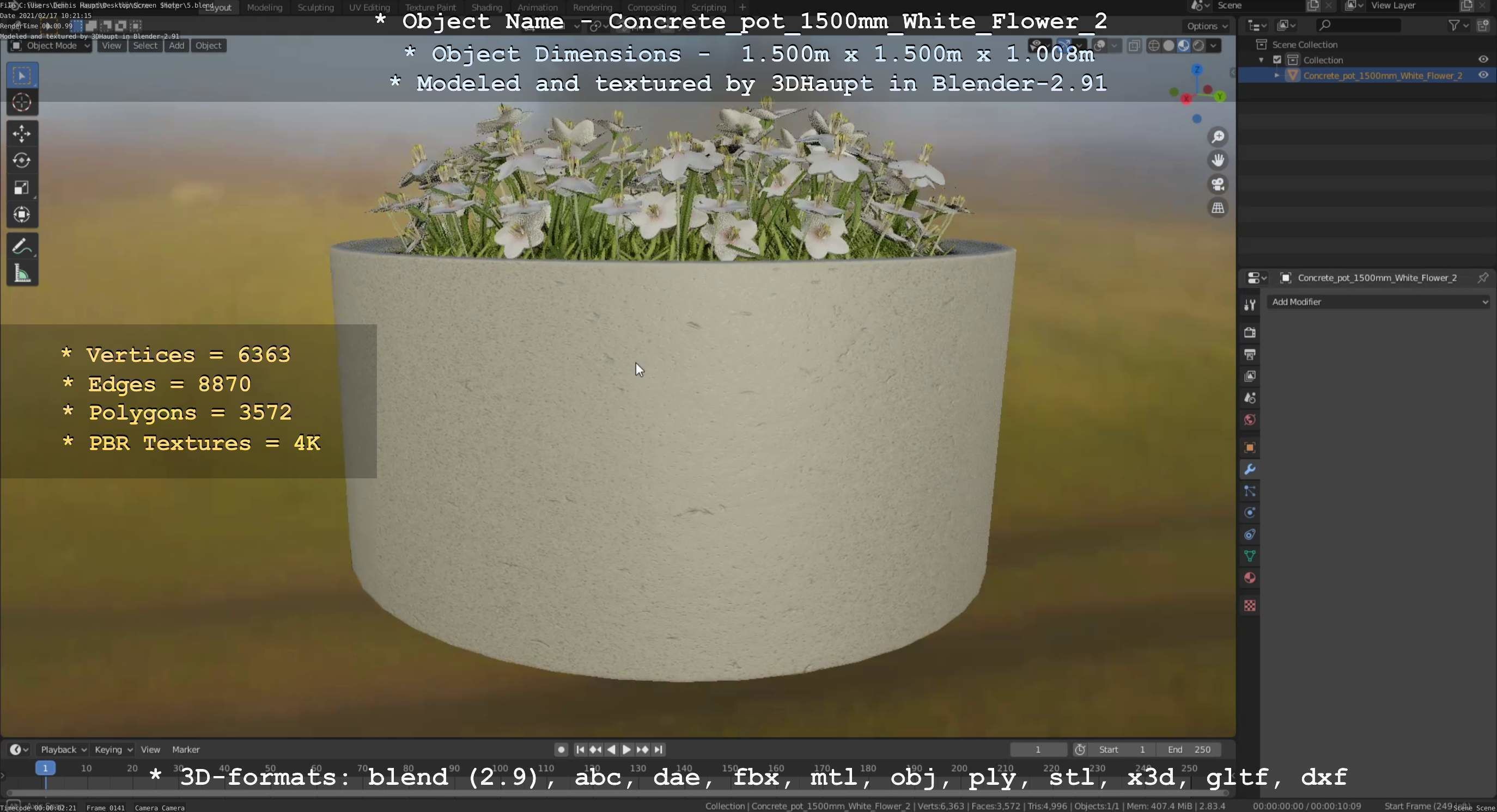 Concrete Pipe Pots With White Flowers 3D Model Collection_128