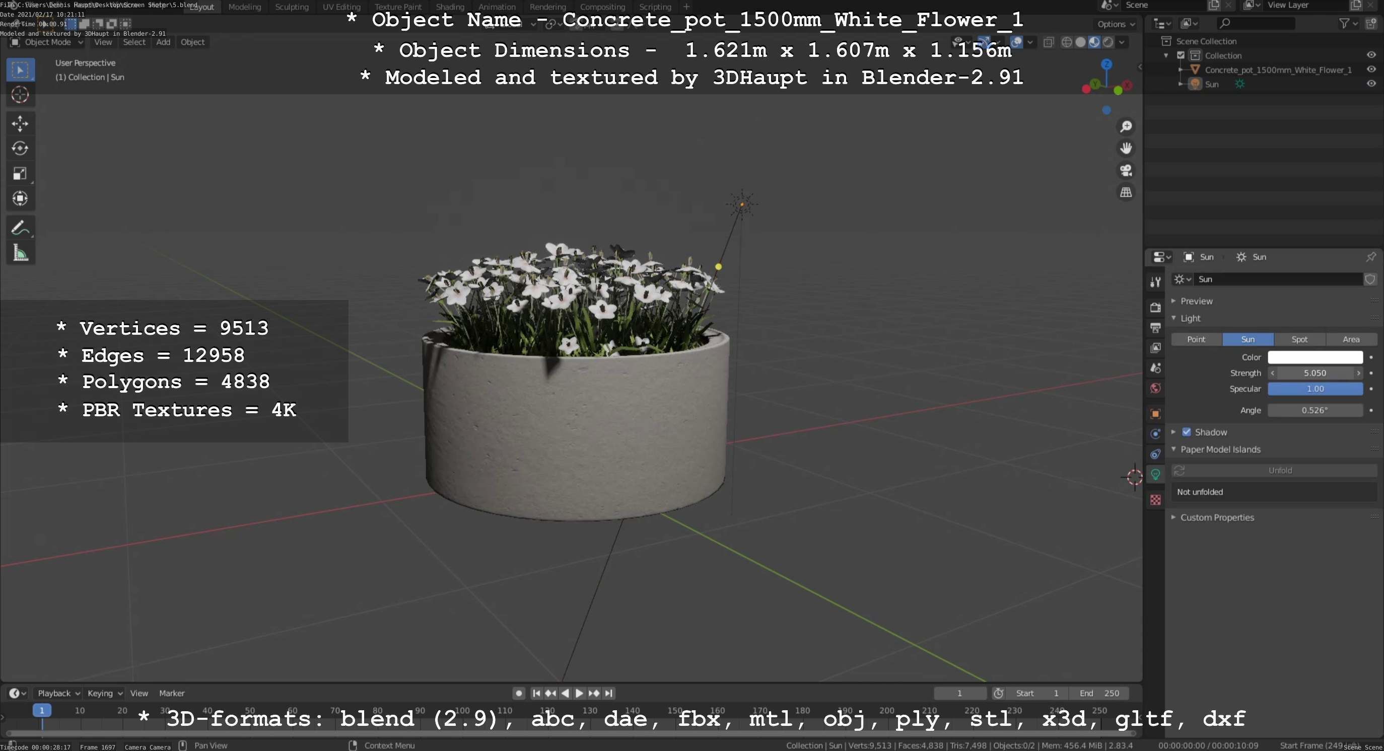 Concrete Pipe Pots With White Flowers 3D Model Collection_102