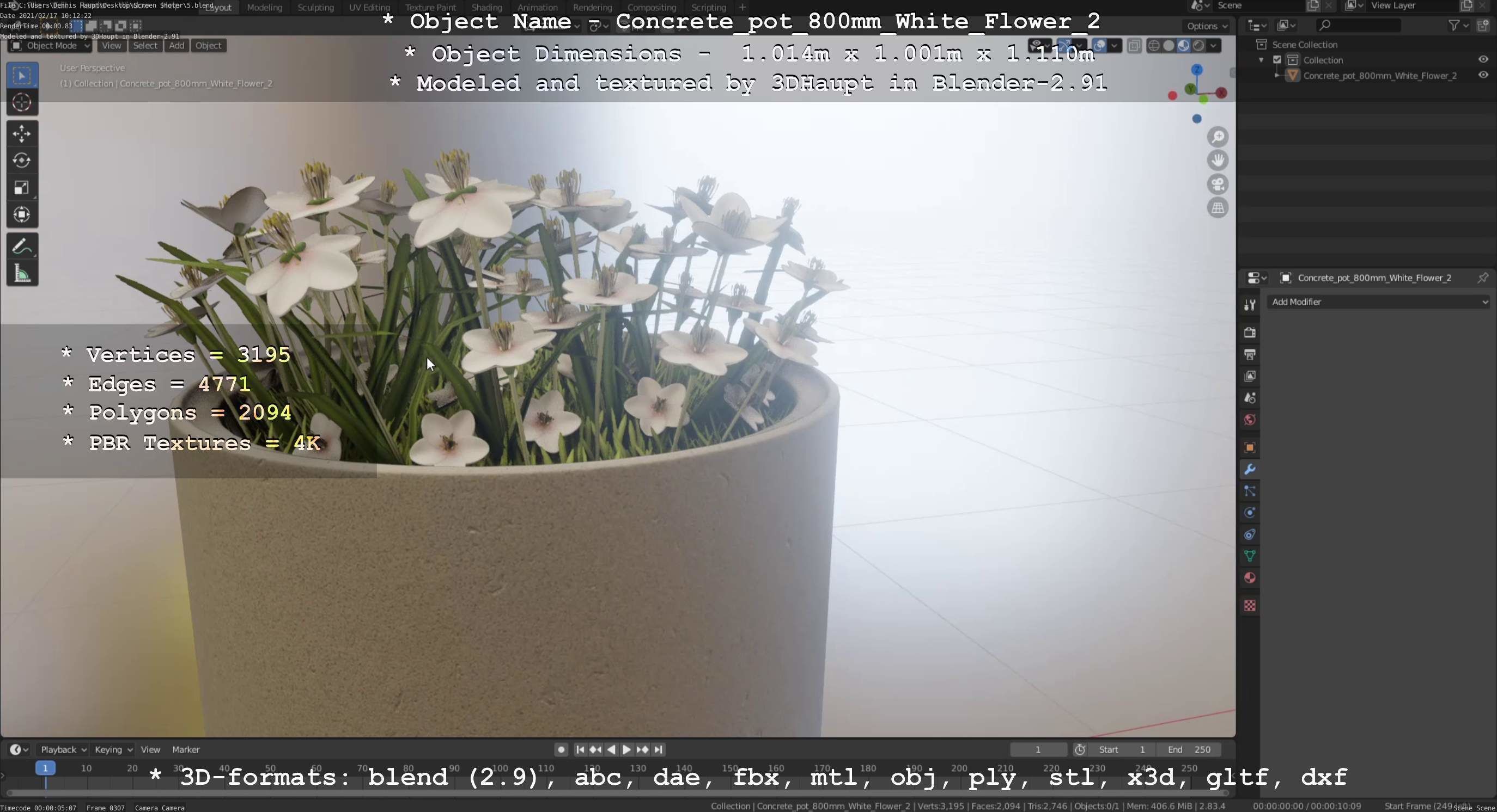 Concrete Pipe Pots With White Flowers 3D Model Collection_52