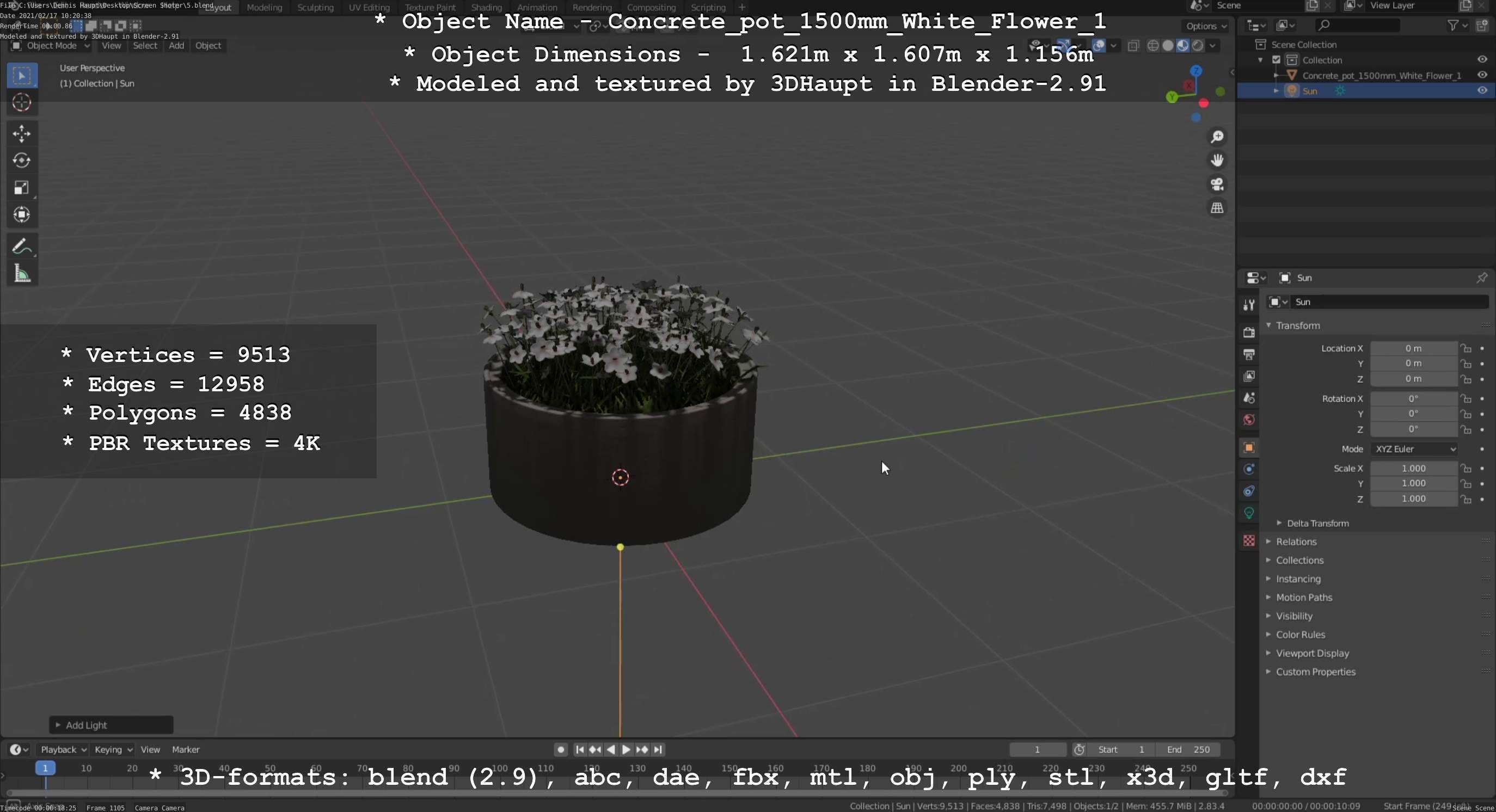 Concrete Pipe Pots With White Flowers 3D Model Collection_103