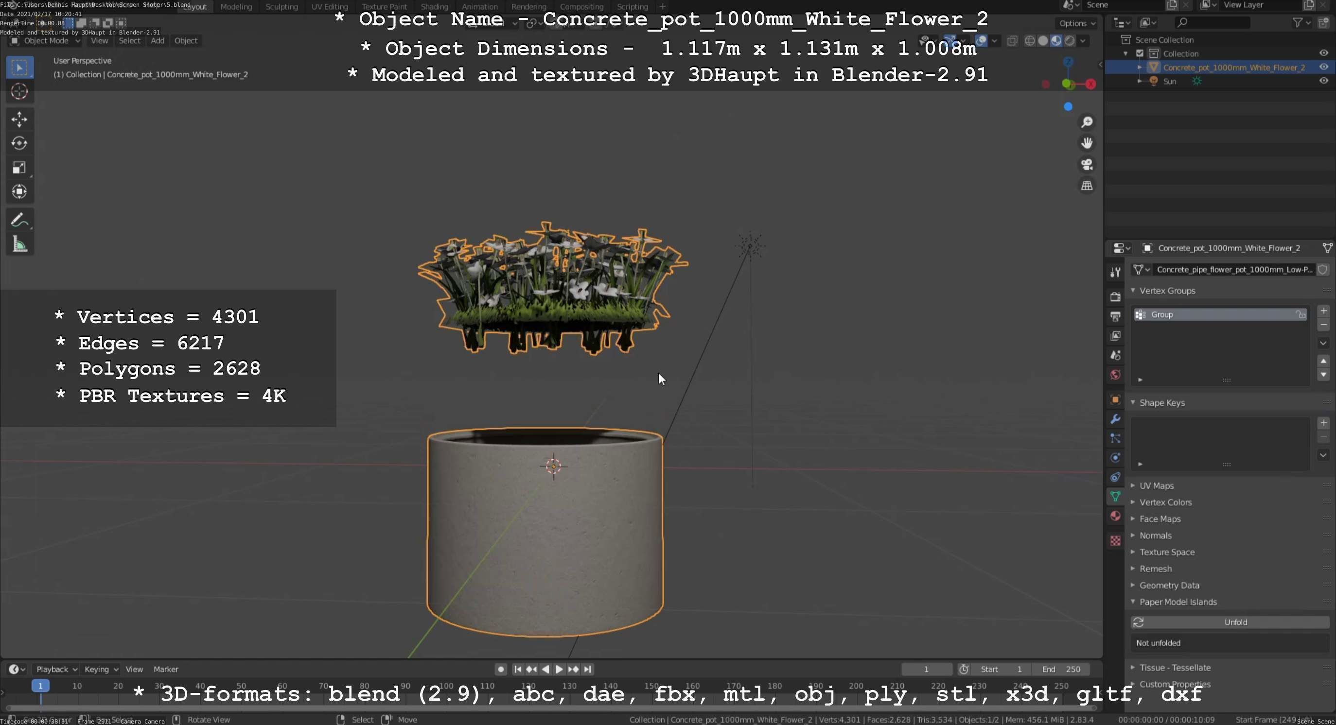 Concrete Pipe Pots With White Flowers 3D Model Collection_87