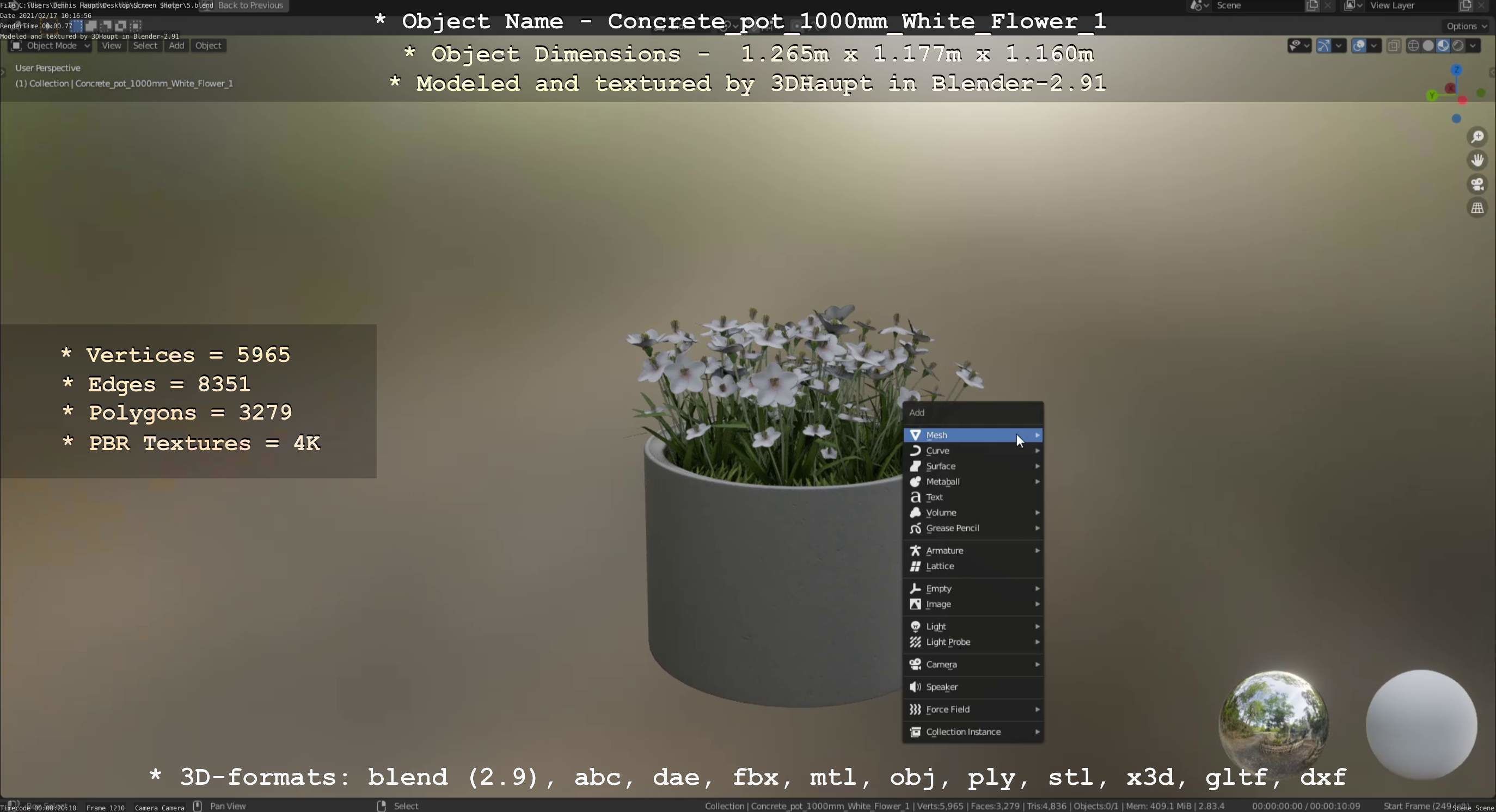 Concrete Pipe Pots With White Flowers 3D Model Collection_79
