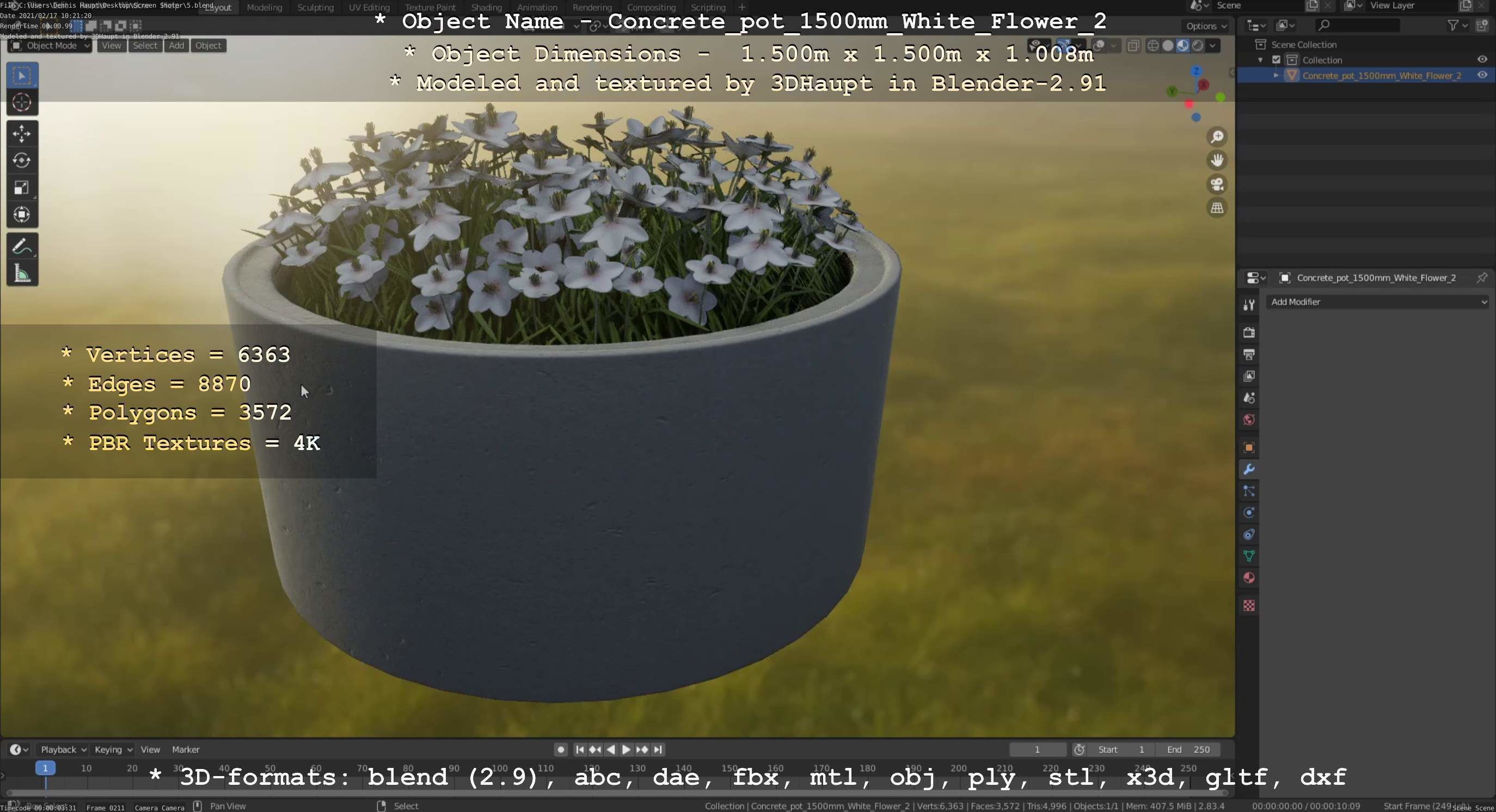 Concrete Pipe Pots With White Flowers 3D Model Collection_131