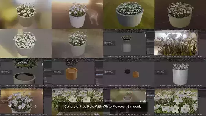 Concrete Pipe Pots With White Flowers 3D Model Collection