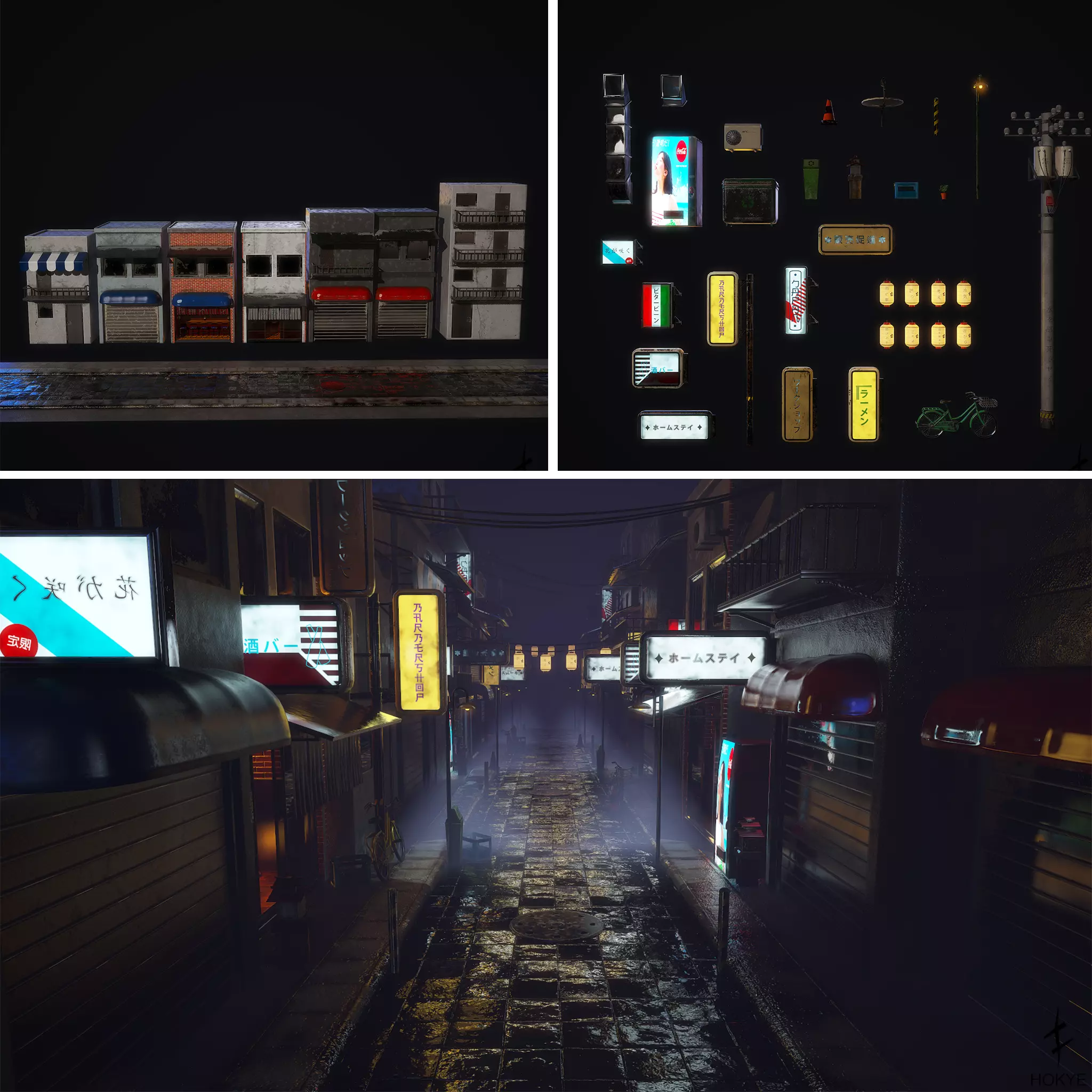 Japanese street alley Pack low-poly 3d model Low-poly 3D model_0